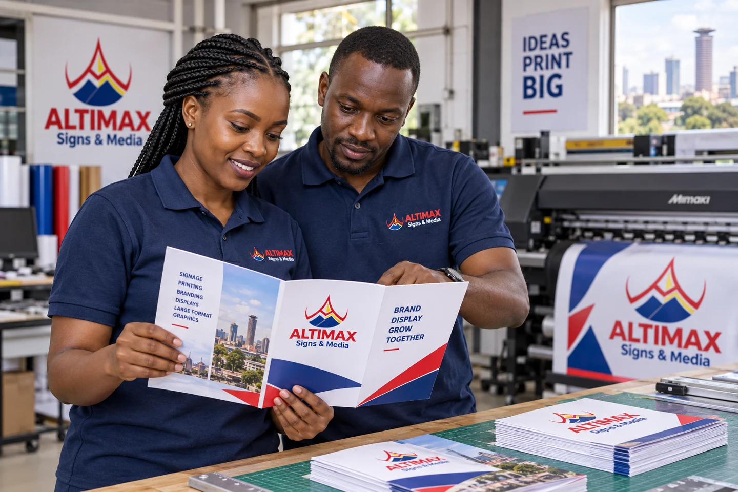 Illustrative scene of Black Kenyan print professionals reviewing Altimax-branded artwork
