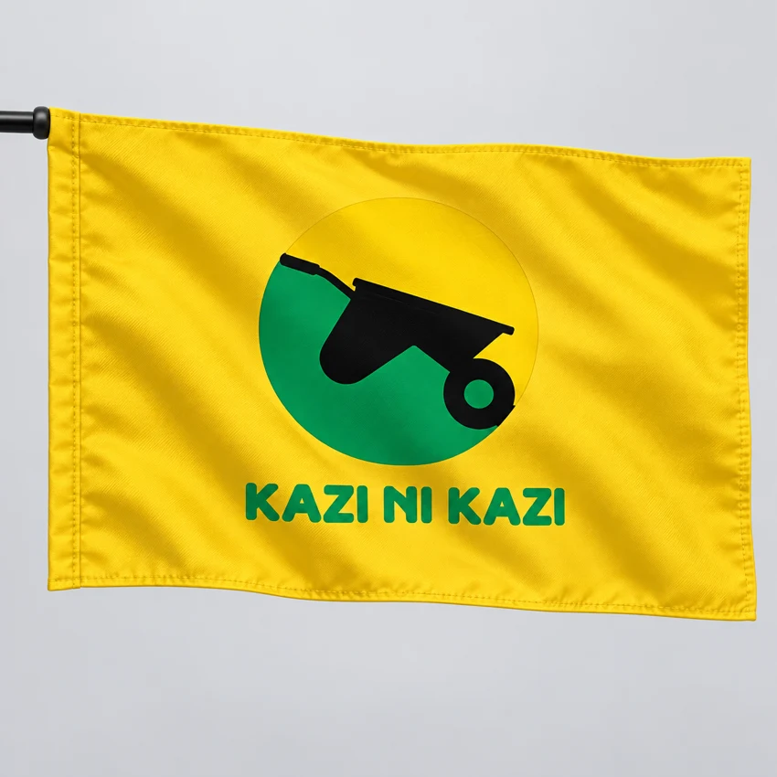 UDA-branded printed fabric flags — illustrative production mockup