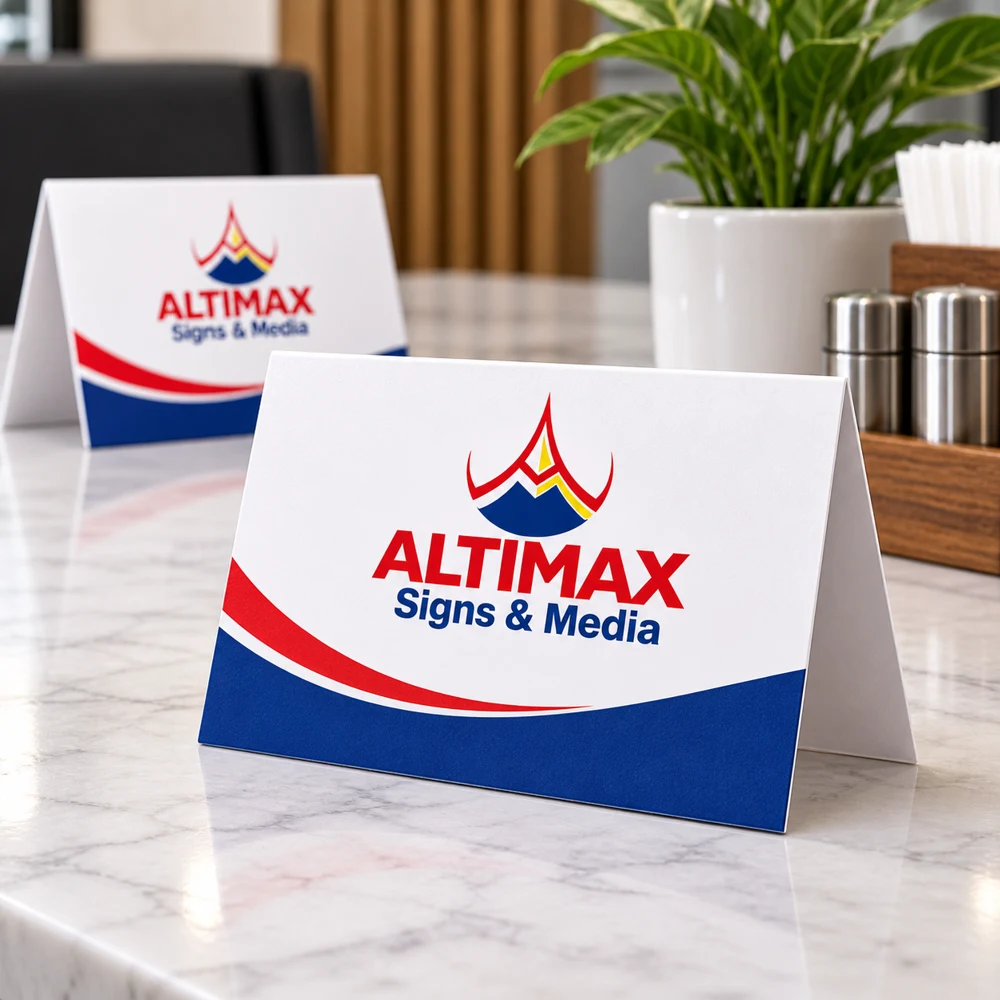 Tent Cards — Product view, Altimax Signs & Media mockup